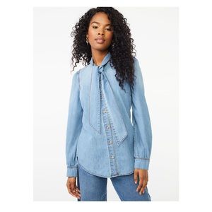 Scoop Tie Neck Denim Blouse for Women